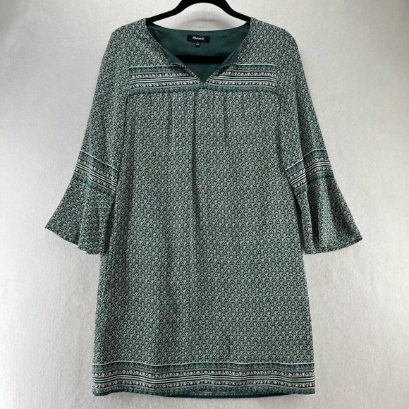 Madewell Dress Sz S Starland Boho Shift Printed Split Neck 3/4 Sleeve Silk Green - Picture 1 of 12
